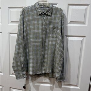 Peter Millar taupe and light blue/white windowpane button shirt.